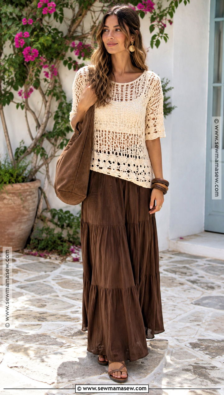Crochet Top And Chocolate Maxi Skirt Fall Outfit - 15 warm climate fall fashion ideas