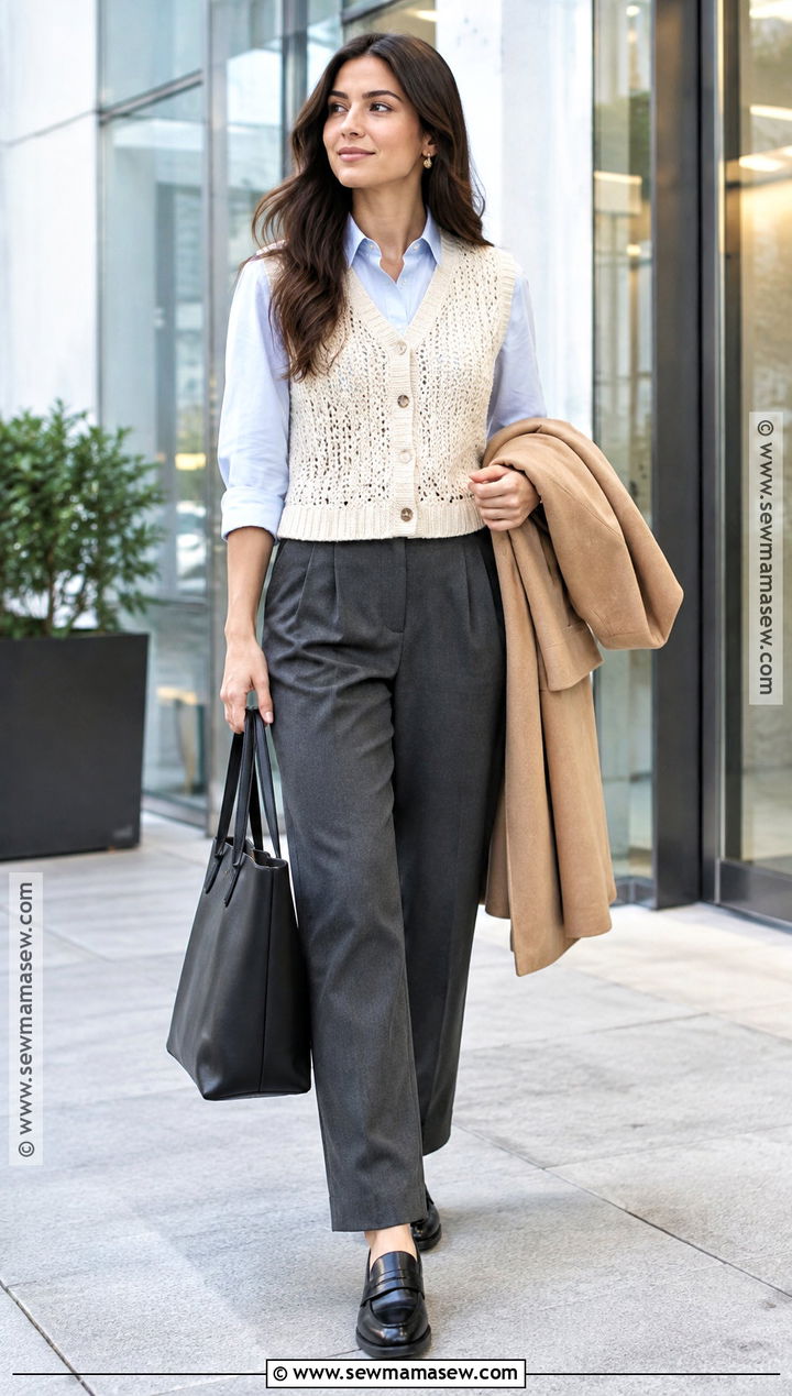 Crochet Vest Top Over A Button Down With Pleated Pants - 20 crochet fall top ideas