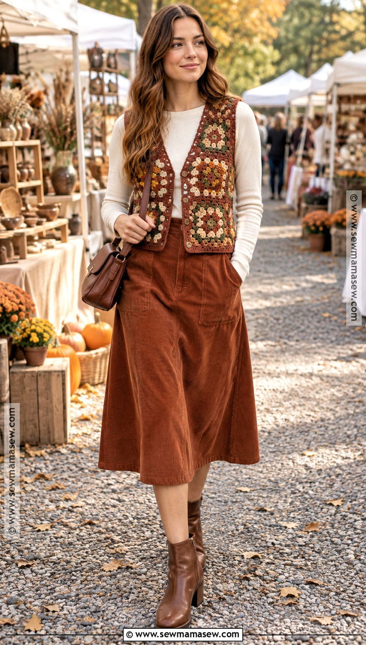 Crochet Vest With Long Sleeve Tee And Corduroy Skirt - 20 autumn vest outfit ideas