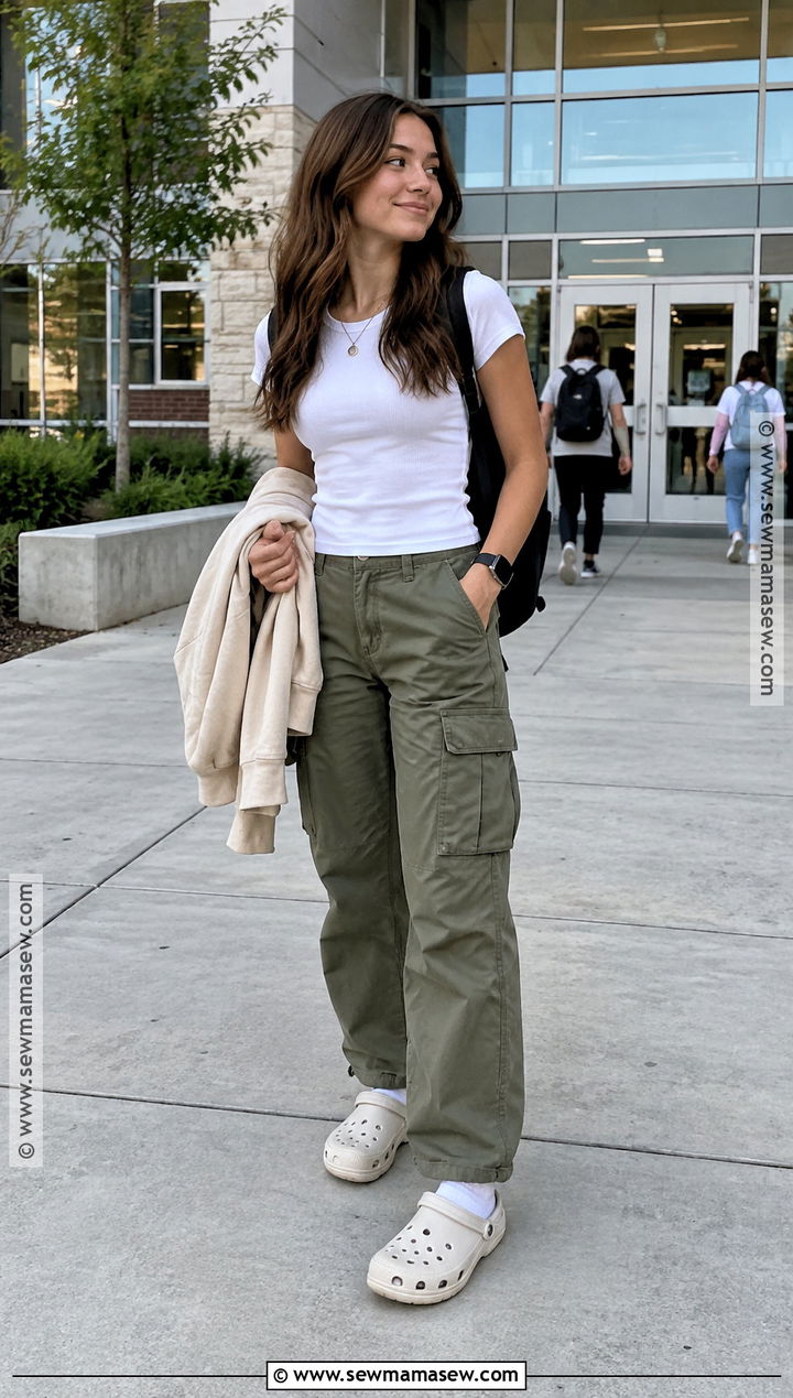 Crocs With Cargo Pants And A Fitted T Shirt - 15 Back To School Crocs Style Ideas