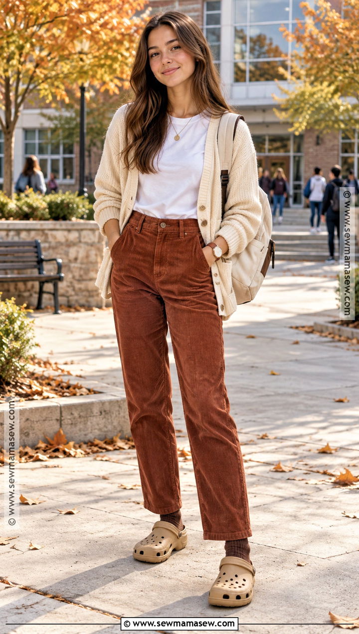 Crocs With Corduroy Pants And A Cardigan - 15 Back To School Crocs Style Ideas