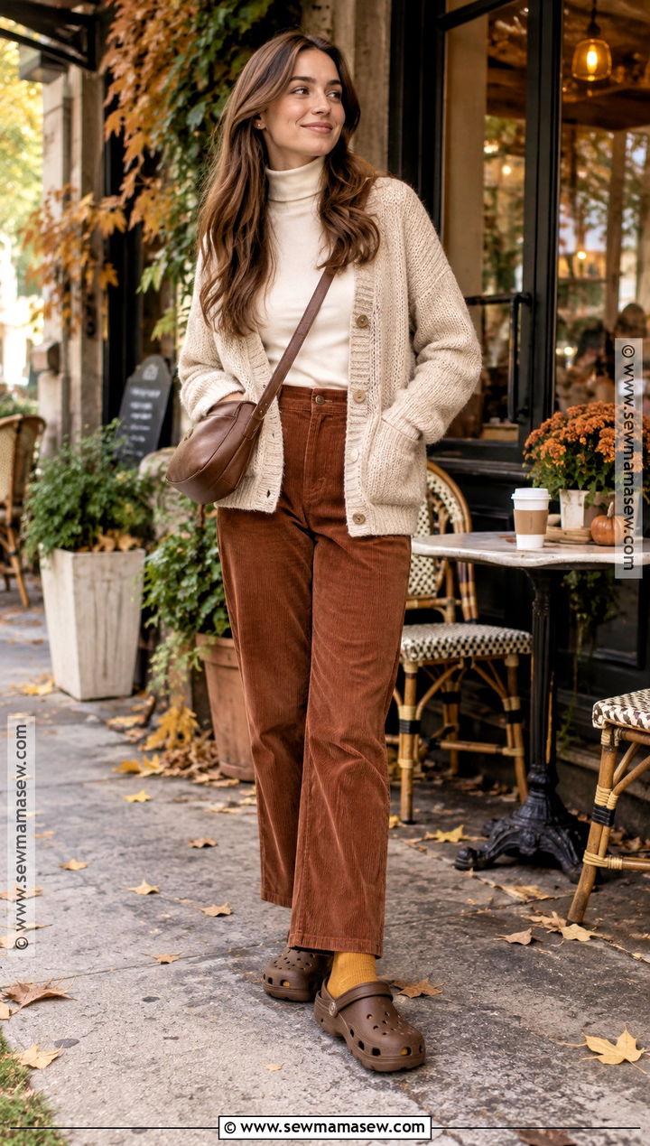 Crocs With Corduroy Pants And Cardigan - 20 crocs outfit fall ideas
