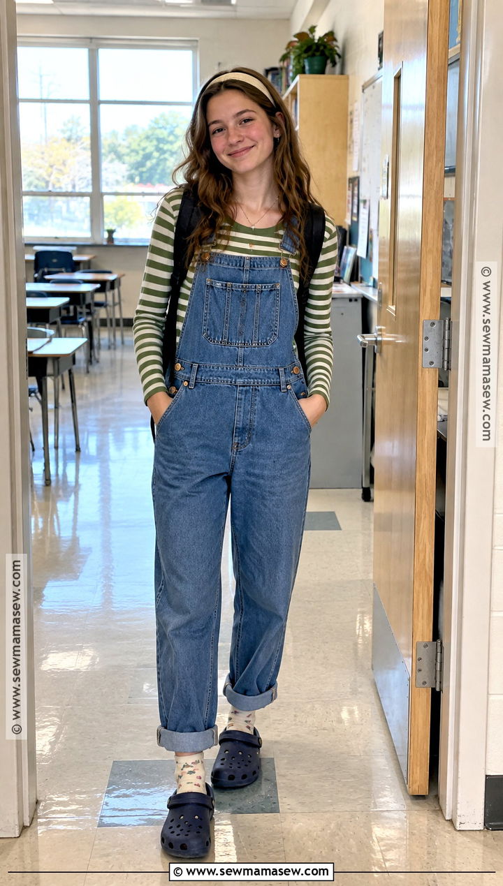 Crocs With Denim Overalls And A Long Sleeve Tee - 15 Back To School Crocs Style Ideas