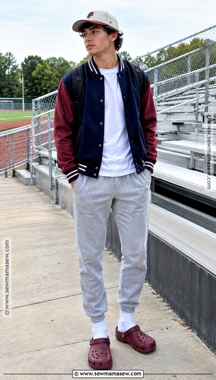 Crocs With Joggers And A Varsity Jacket - 15 Back To School Crocs Style Ideas