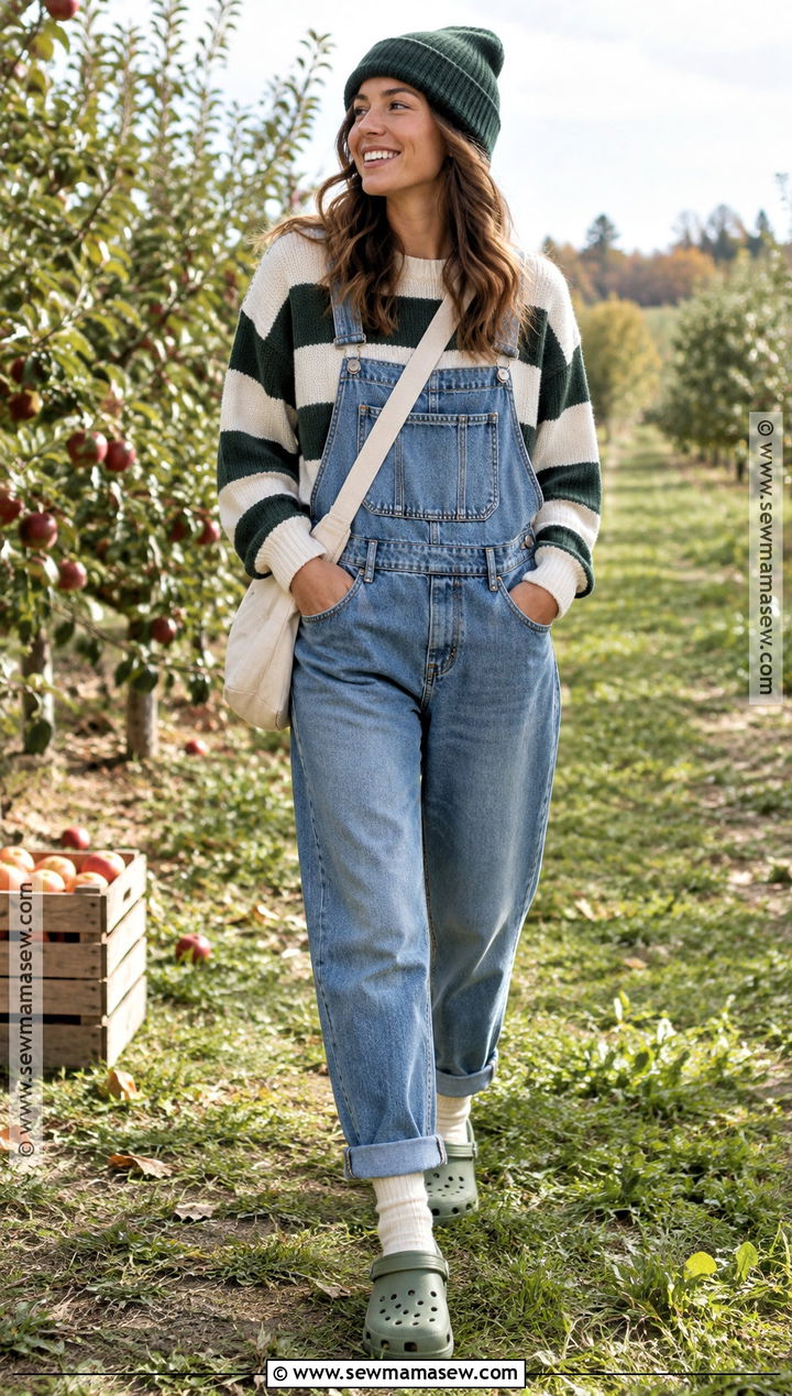 Crocs With Overalls And Striped Sweater - 20 crocs outfit fall ideas