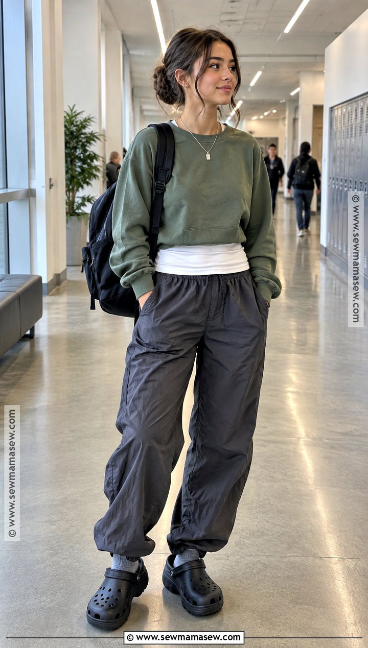 Crocs With Parachute Pants And A Cropped Sweatshirt - 15 Back To School Crocs Style Ideas