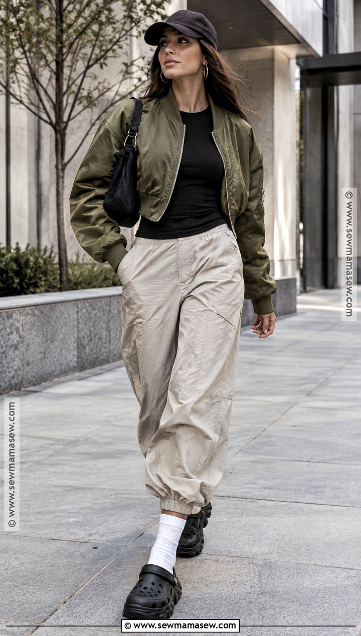 Crocs With Parachute Pants And Bomber Jacket - 20 crocs outfit fall ideas