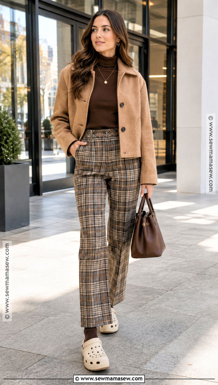 Crocs With Plaid Pants And Turtleneck - 20 crocs outfit fall ideas
