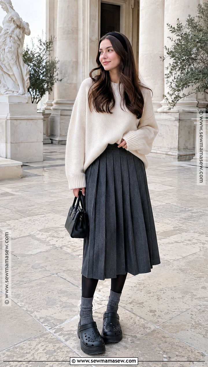 Crocs With Pleated Skirt And Oversized Sweater - 20 crocs outfit fall ideas