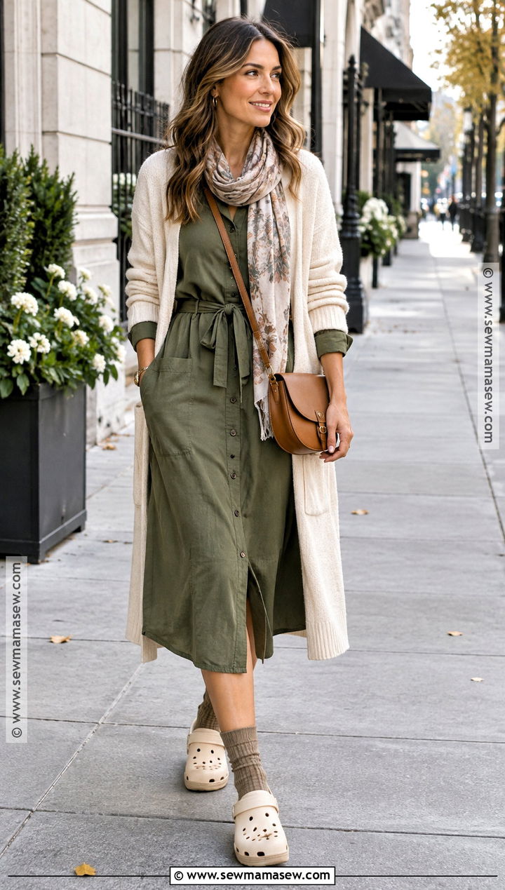 Crocs With Shirt Dress And Long Cardigan - 20 crocs outfit fall ideas