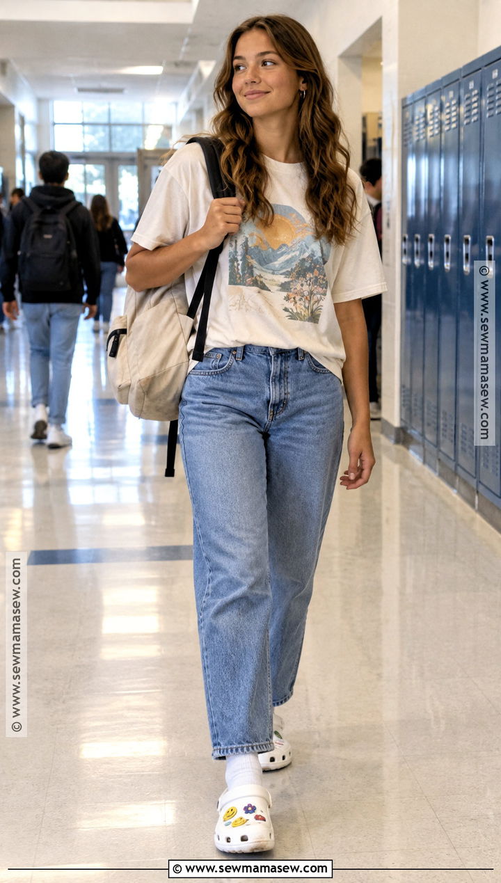 Crocs With Straight Leg Jeans And A Graphic Tee - 15 Back To School Crocs Style Ideas