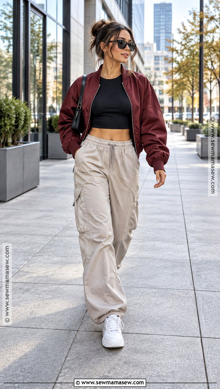 Crop Top With Bomber Jacket And Parachute Pants - 15 crop top fall fashion ideas