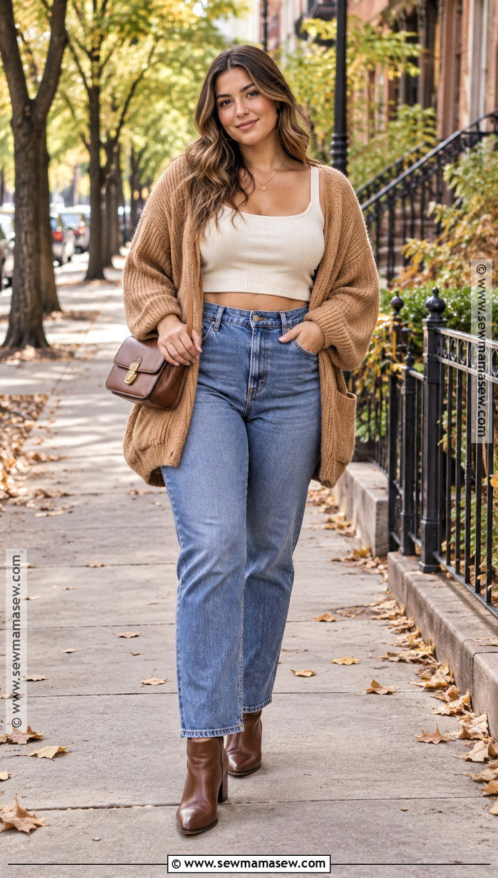 Crop Top With High Waisted Jeans And Cardigan - 15 crop top fall fashion ideas