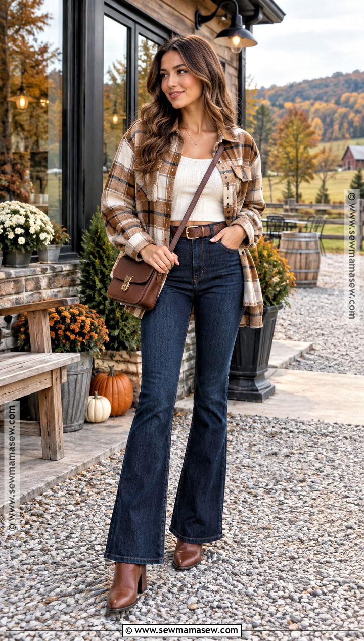 Crop Top With Shacket And Flared Jeans - 15 crop top fall fashion ideas