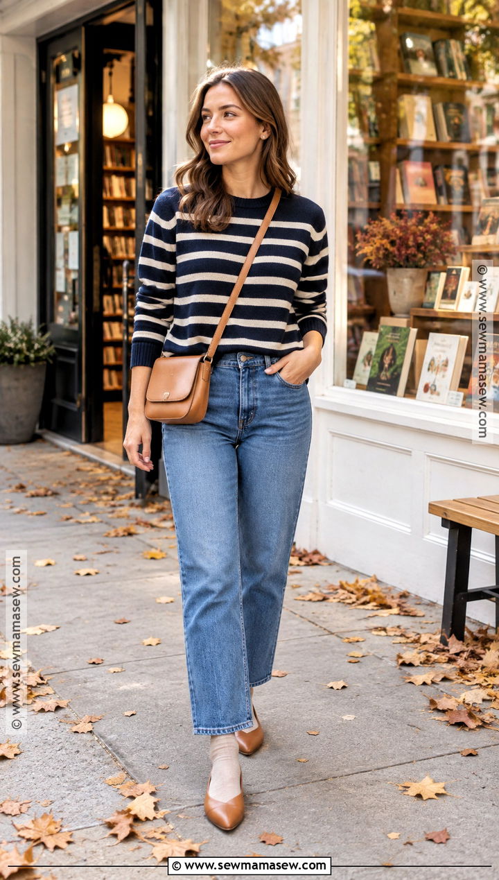 Cropped Blue Jeans With Striped Sweater And Flats - 20 blue jeans fall outfit