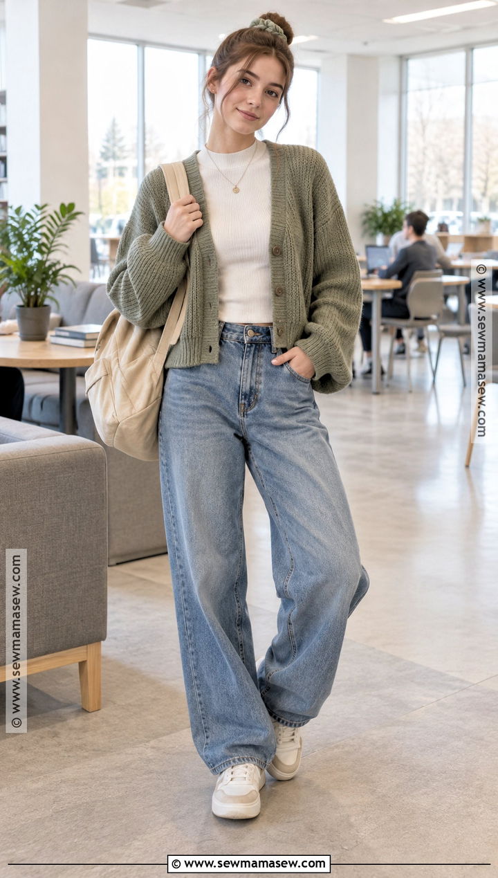 Cropped Cardigan And Baggy Jeans Outfit - 20 Back To School Outfits Baggy Jeans