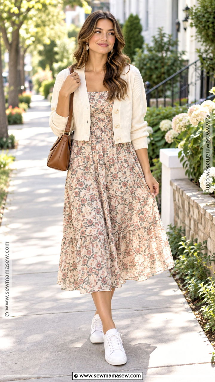 Cropped Cardigan And Cotton Midi Dress Summer To Fall Outfit - 20 Casual Summer To Fall Outfits