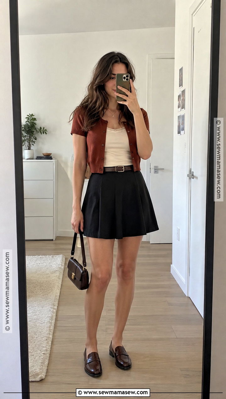 Cropped Cardigan And Cotton Mini Skirt Fall Outfit - 20 Hot Day Fall Outfits