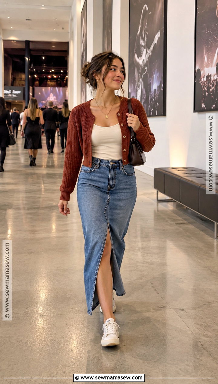 Cropped Cardigan And Denim Maxi Skirt Indoor Concert Outfit - 15 Indoor Concert Outfit Fall Ideas