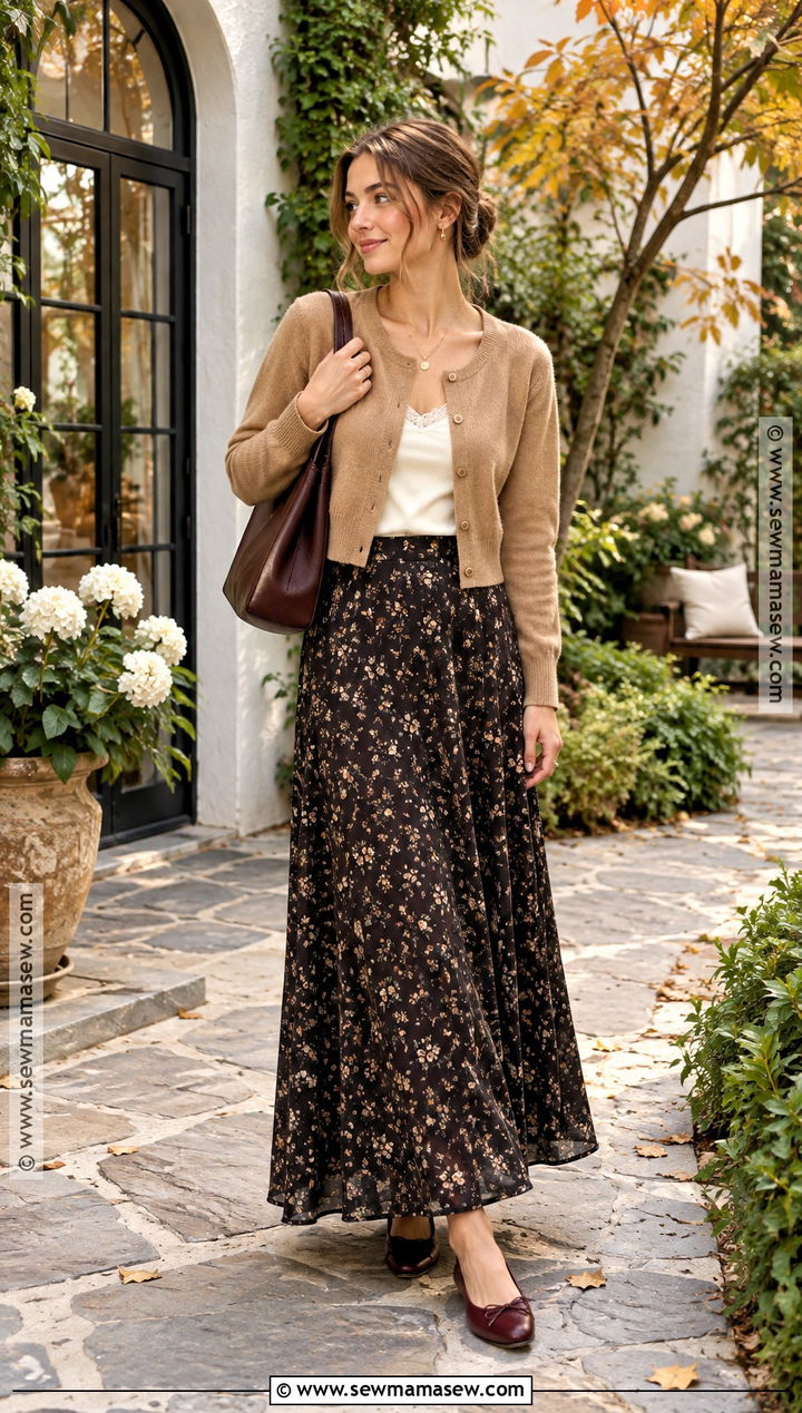 Cropped Cardigan And Maxi Skirt Fall Outfit - 25 fall outfits warm weather