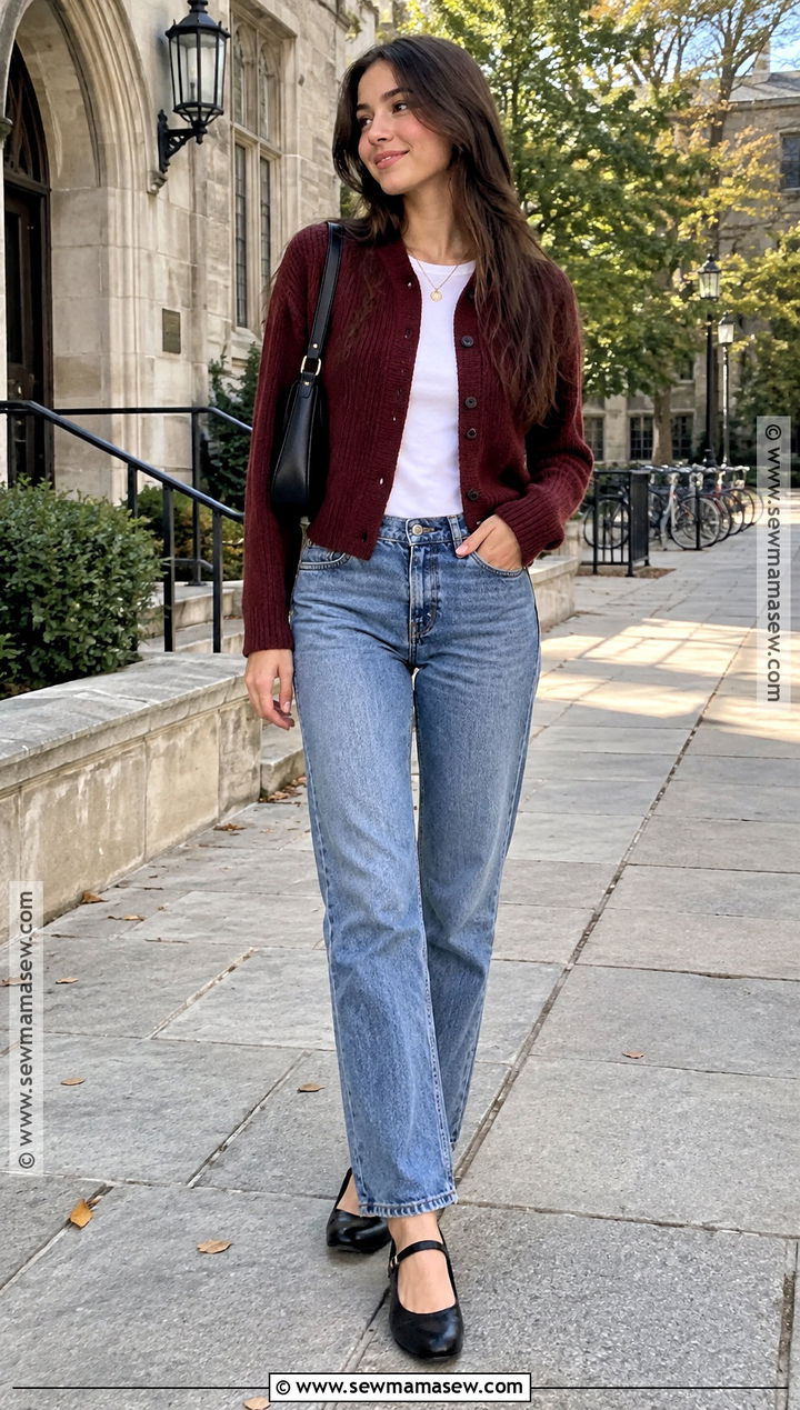 Cropped Cardigan And Straight Leg Jeans Back To School Outfit - 25 Back To School Inspo Outfits