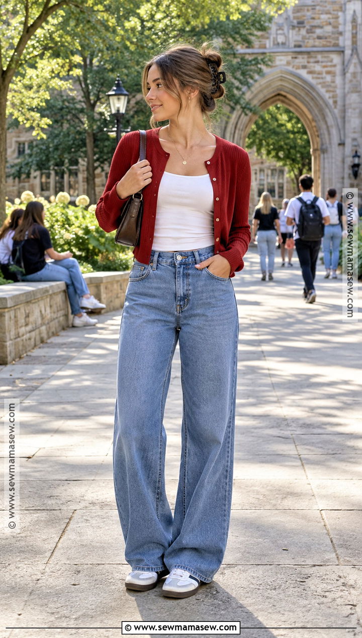 Cropped Cardigan And Wide Leg Jeans Back To School Outfit - 20 Cheap Back To School Outfits
