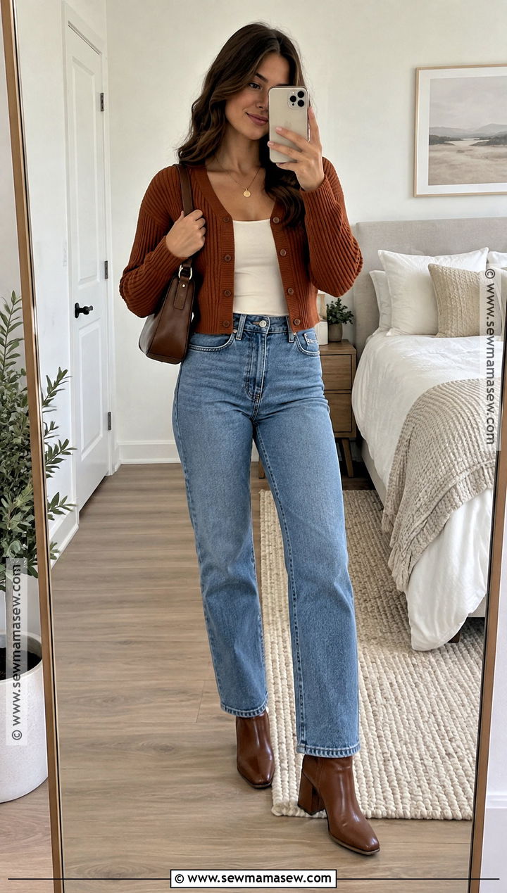 Cropped Cardigan With High Waisted Jeans - 15 cozy fall sweater aesthetic ideas