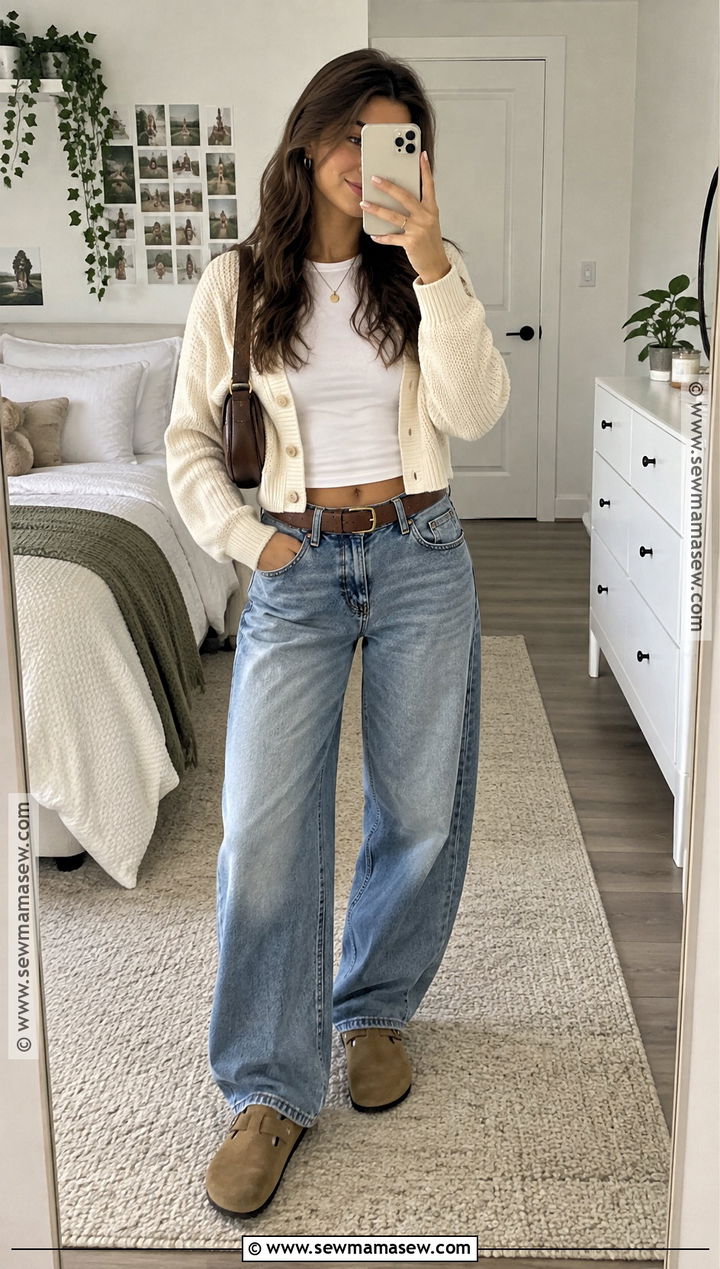 Cropped Cardigan and Barrel Jeans Fall Outfit - 15 Fall Outfit Inspiration Ideas for Teens