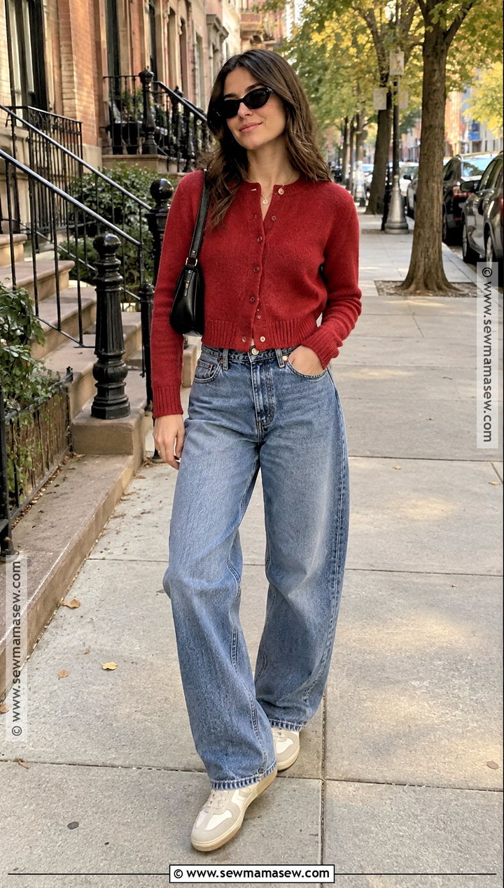 Cropped Cardigan and Barrel Jeans New York Fall Outfit - 20 New York Aesthetic Outfits Fall