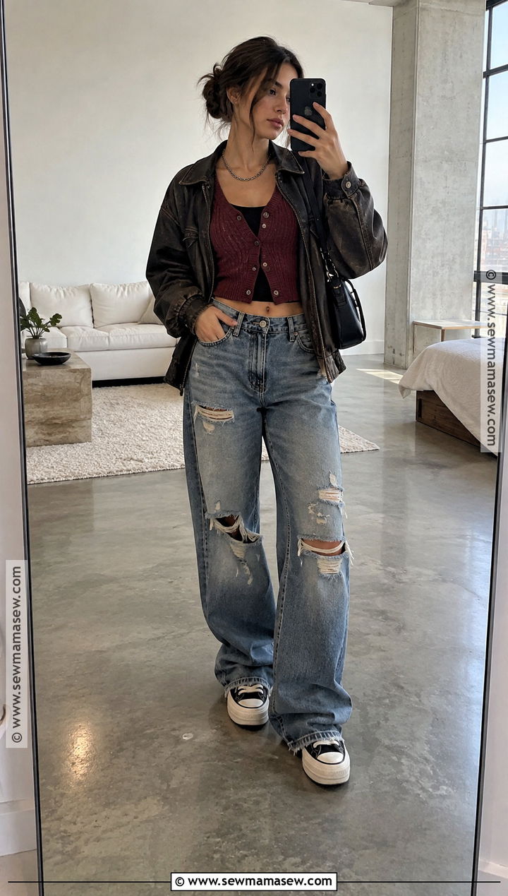 Cropped Cardigan and Distressed Jeans Grungy Fall Outfit - 25 grungy fall outfits