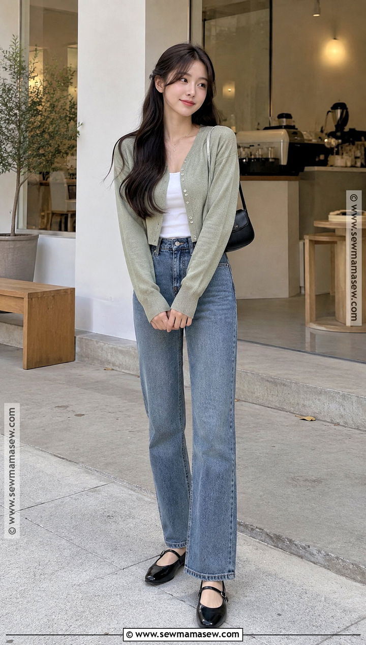 Cropped Cardigan and High Waisted Jeans Autumn Outfit - 20 autumn in korea outfit ideas