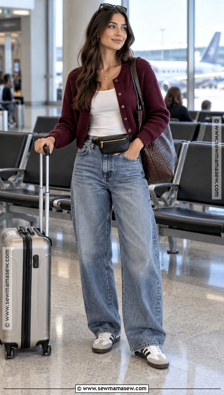 Cropped Cardigan and Loose Jeans Airport Outfit - 25 airport outfit fall ideas