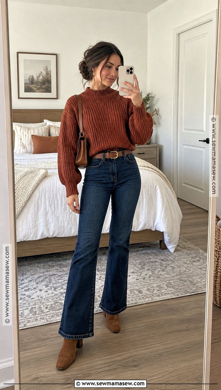 Cropped Chunky Sweater With High Waisted Jeans - 15 Chunky Sweater Fall Fashion Ideas