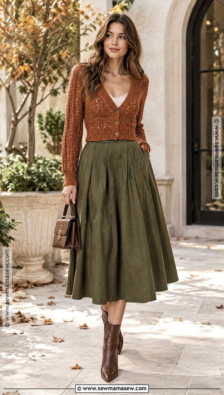 Cropped Crochet Cardigan With Full Midi Skirt - 20 fall crochet cardigan ideas