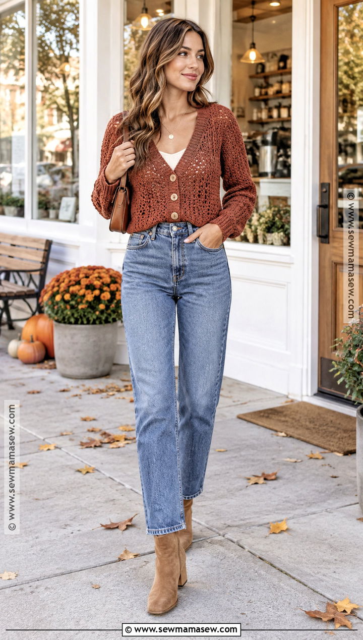 Cropped Crochet Cardigan With High Waisted Jeans - 15 Crochet Cardigan Fall Fashion Ideas