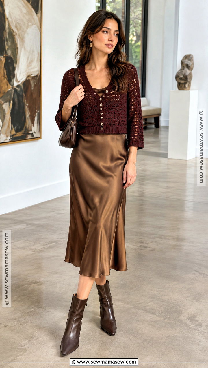 Cropped Crochet Cardigan With Satin Midi Skirt - 15 Autumn Crochet Outfit Ideas