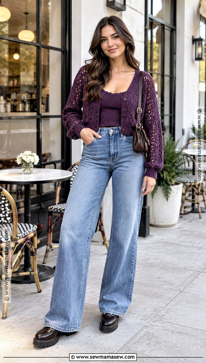 Cropped Crochet Cardigan With Wide Leg Jeans - 25 fall crochet sweater ideas