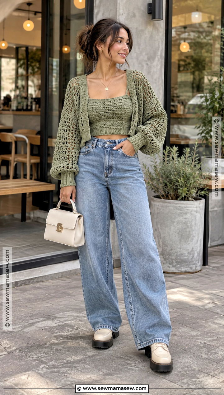 Cropped Crochet Sweater With High Waisted Wide Leg Jeans - 15 Autumn Crochet Sweater Ideas