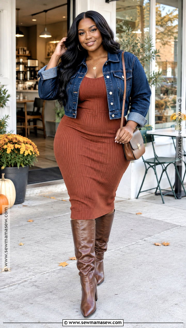 Cropped Denim Fall Jacket With Knit Midi Dress - 15 fall jackets for black women