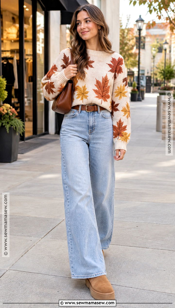 Cropped Fall Leaves Sweater With High Waisted Jeans And Clogs - 15 fall leaves sweater ideas