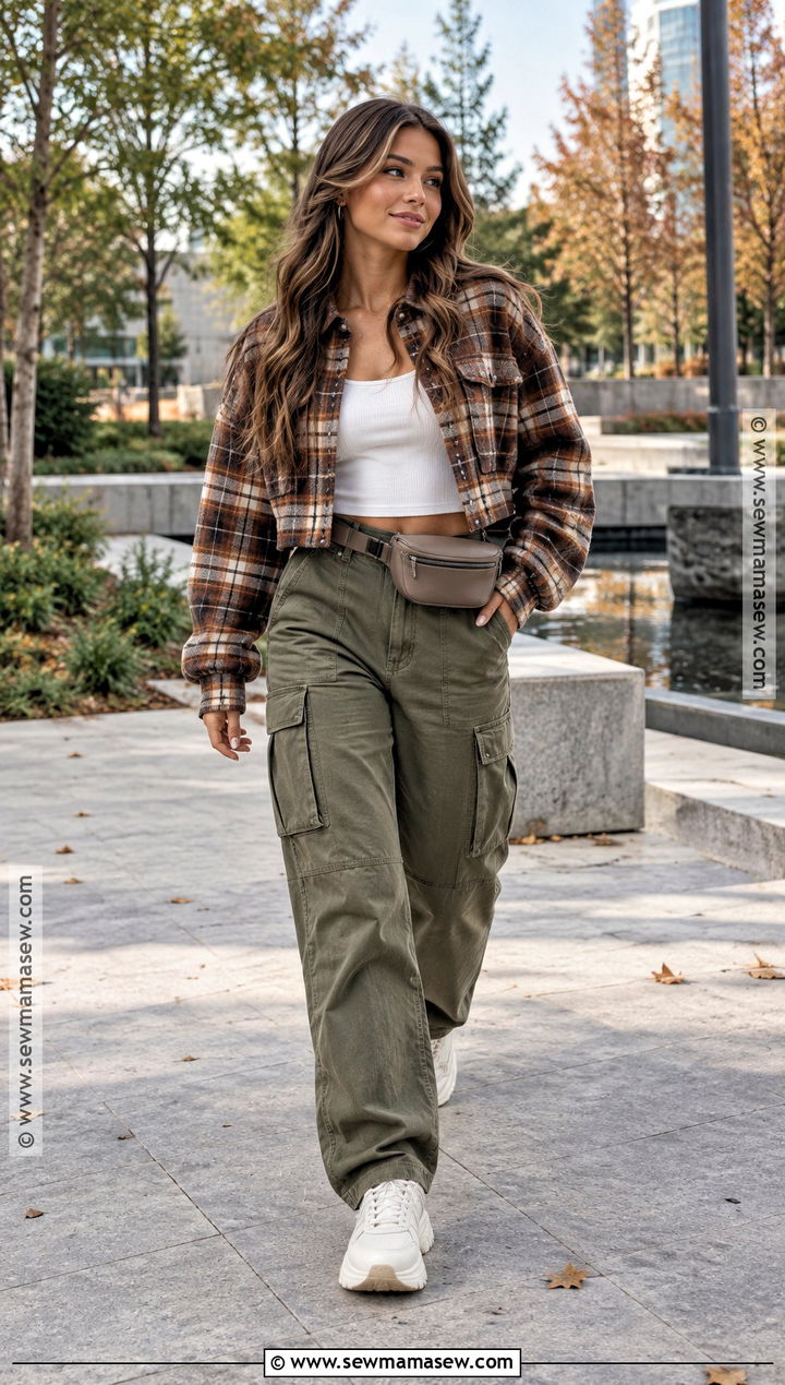 Cropped Flannel With Cargo Pants And Chunky Sneakers - 15 Cute Fall Outfits Flannel
