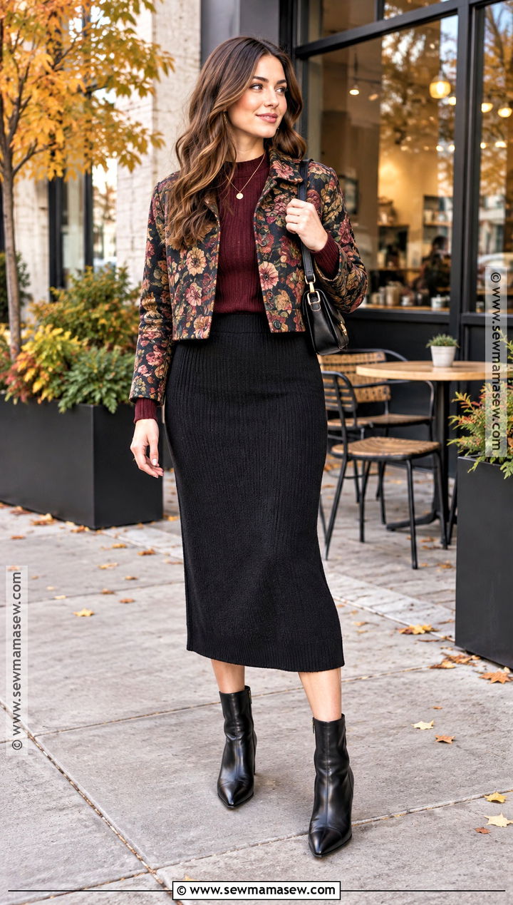 Cropped Floral Print Jacket With Knit Midi Skirt - 15 floral print jacket fall ideas
