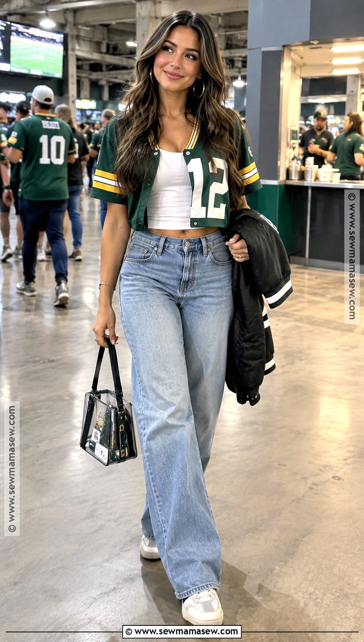 Cropped Football Jersey With Wide Leg Jeans - 20 football game outfit fall ideas