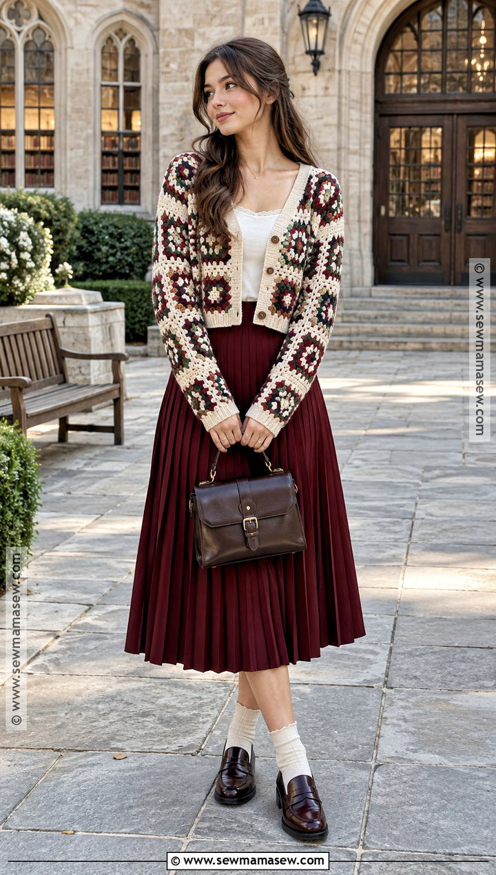 Cropped Granny Square Cardigan With Pleated Midi Skirt - 15 Crochet Fall Granny Square Cardigan Ideas