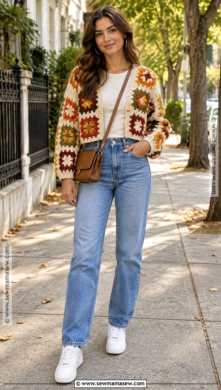 Cropped Granny Square Cardigan With Straight Leg Jeans - 15 Crochet Fall Granny Square Cardigan Ideas