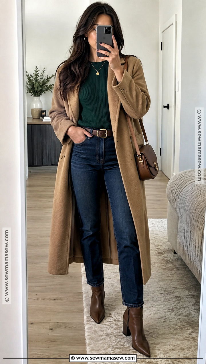 Cropped Green Sweater With High Waisted Jeans - 15 Cozy Green Sweater Fall Ideas