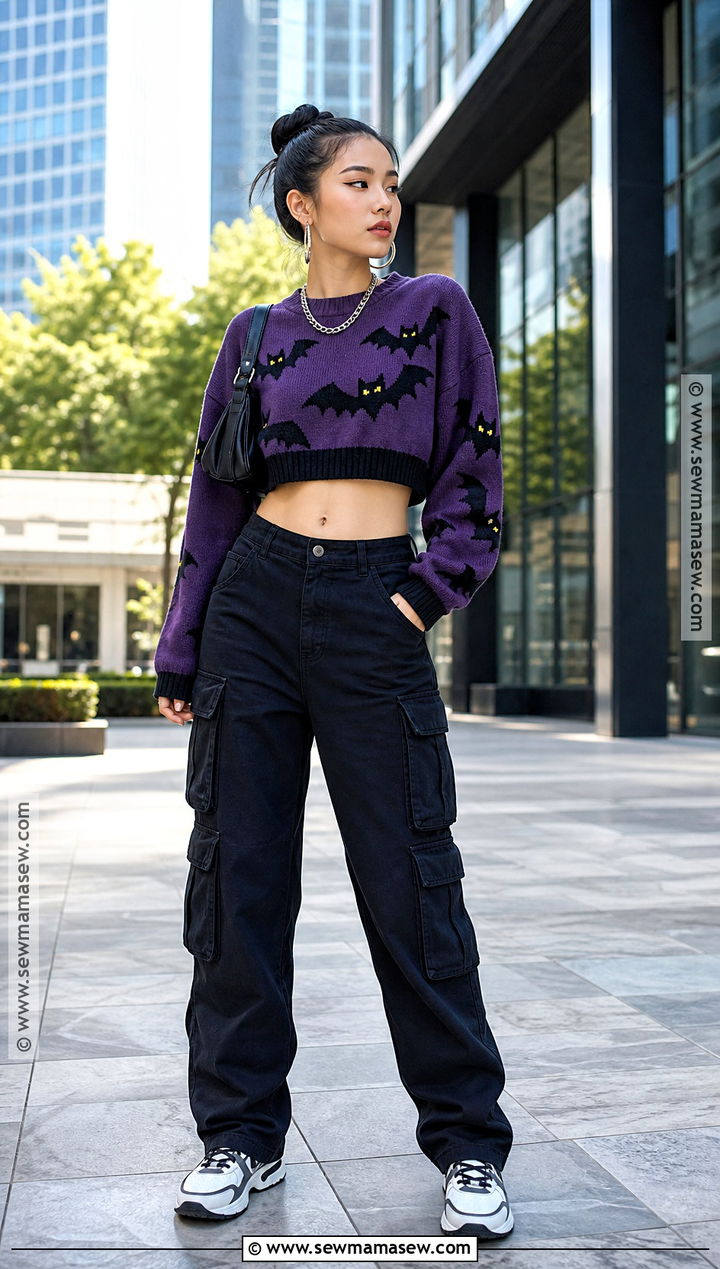 Cropped Halloween Sweater With Cargo Pants - 35 halloween sweater ideas
