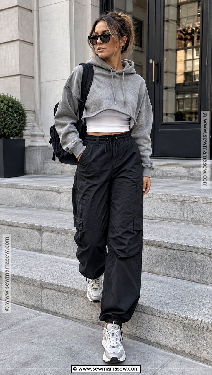 Cropped Hoodie And Parachute Pants Fall Streetwear Outfit - 25 fall streetwear outfits