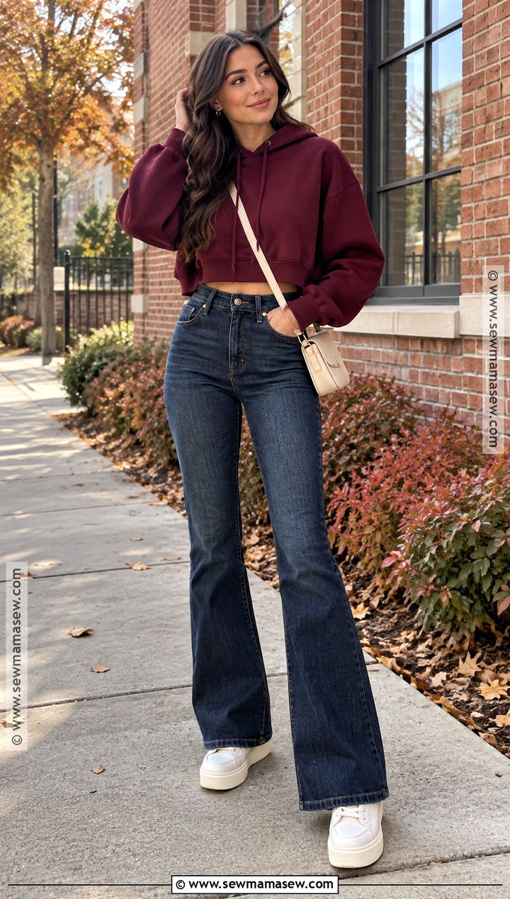 Cropped Hoodie With High Waisted Flare Jeans - 15 fall hoodie outfit ideas