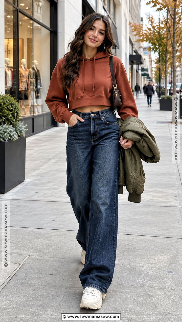 Cropped Hoodie With Wide Leg Jeans - 15 cozy fall hoodie style ideas